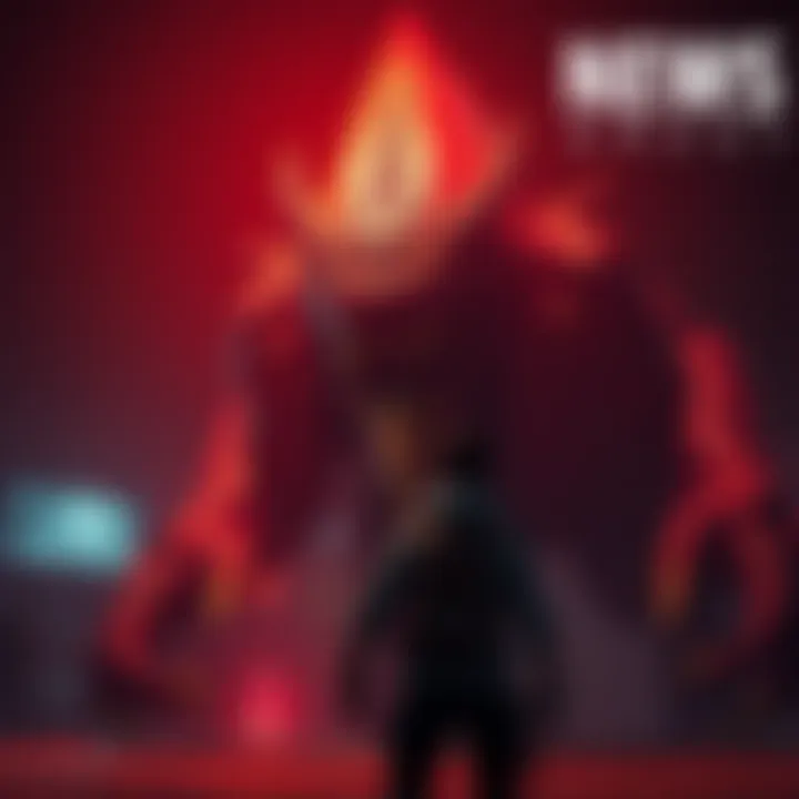 A gamer confronts a large, intimidating boss character in a dimly lit environment, showcasing the intense atmosphere of a video game encounter.