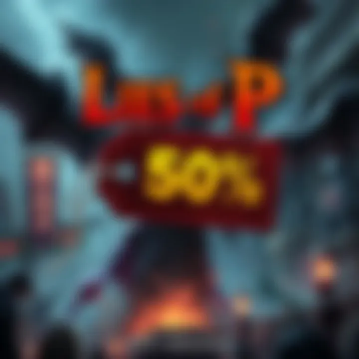 Promotional graphic showing a 50% discount on Lies of P, featuring game art and price tag