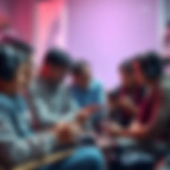 A group of diverse Lies of P fans sharing their ages and experiences in a lively discussion, some appearing older and younger, with gaming accessories around them.