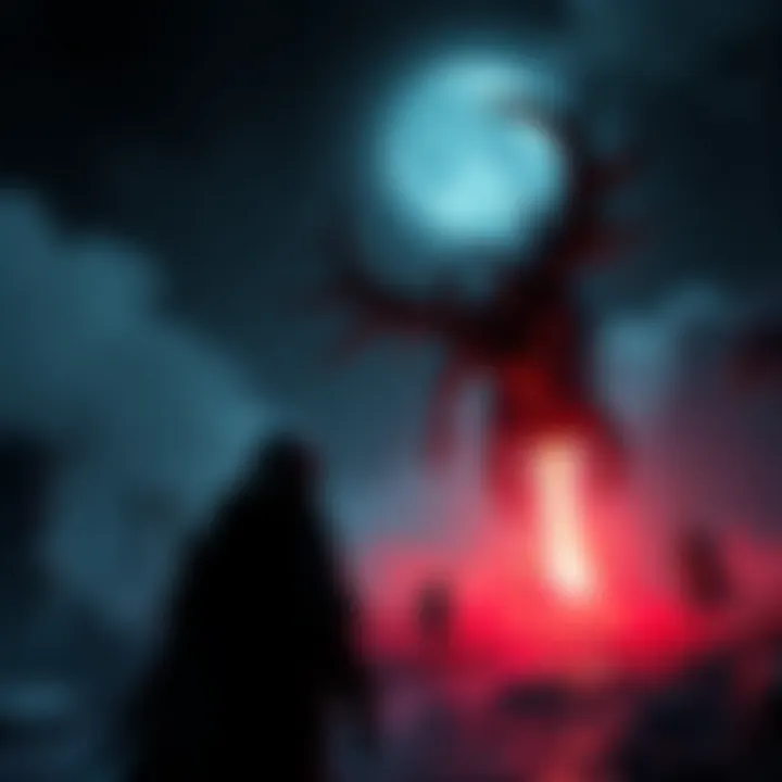 A character facing an enemy in a dark, atmospheric setting reminiscent of Souls-like games