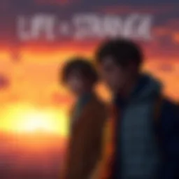 Max and Chloe standing together in a thoughtful pose, with a backdrop of a sunset reflecting their emotional journey in the game.