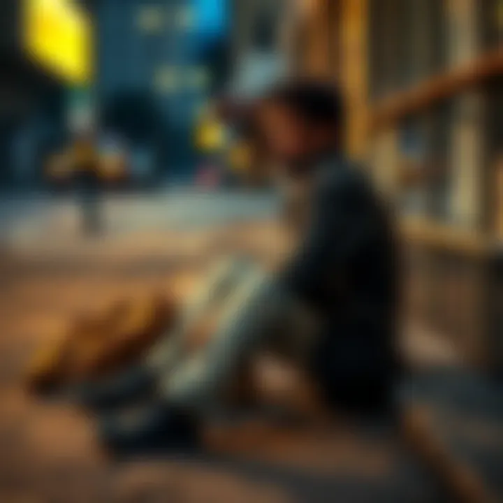 A man sitting on a sidewalk, looking contemplative with a few belongings beside him, showing the struggles of poverty.