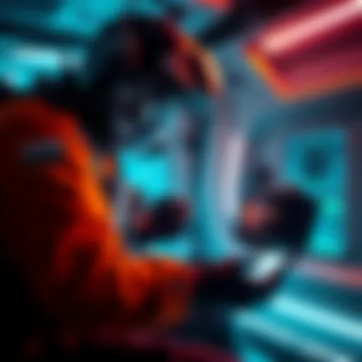A character in a futuristic environment using a life support system during a mission in a survival game.