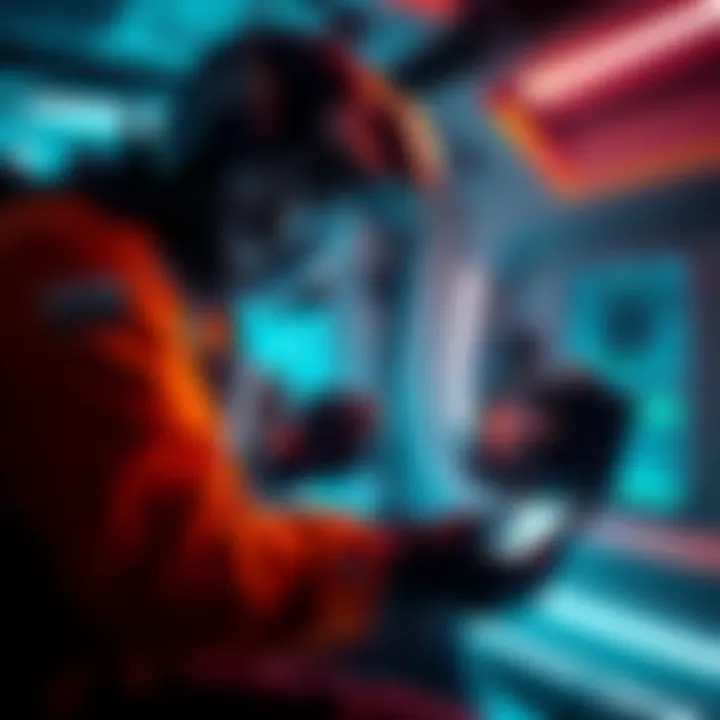 A character in a futuristic environment using a life support system during a mission in a survival game.