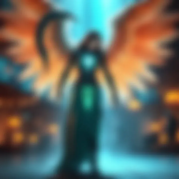 A digital illustration of Lifeweaver designed as a biblically accurate angel, featuring majestic wings and a glowing aura, standing in a vibrant game environment.