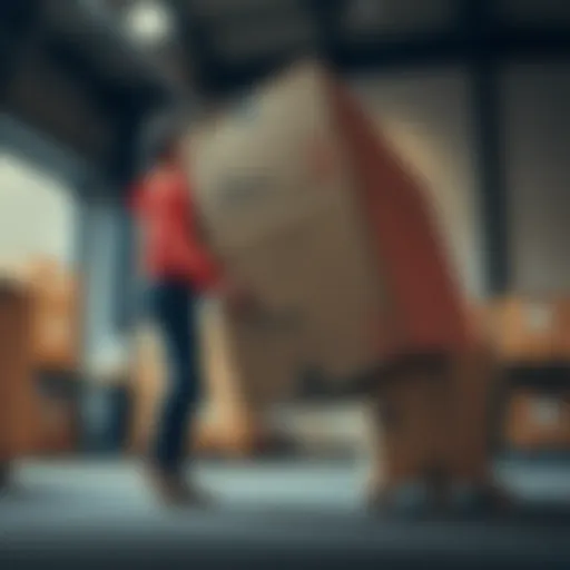 A person using proper technique to lift a large cardboard box with legs bent and back straight