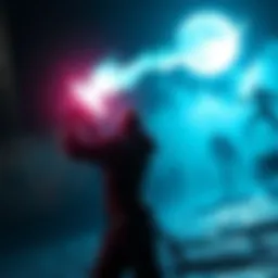 A character uses a glowing weapon to fight off dark creatures in a shadowy environment