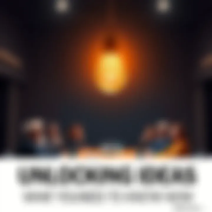 A light bulb glowing above a group of people discussing new ideas around a table