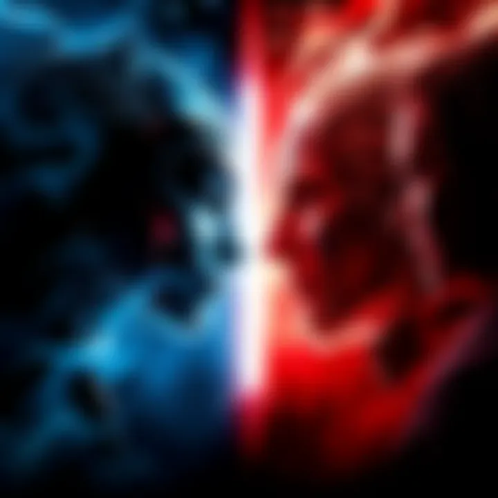 Key characters from the Light vs Dark saga facing each other with contrasting backgrounds of light and dark, representing their ongoing conflicts and relationships.