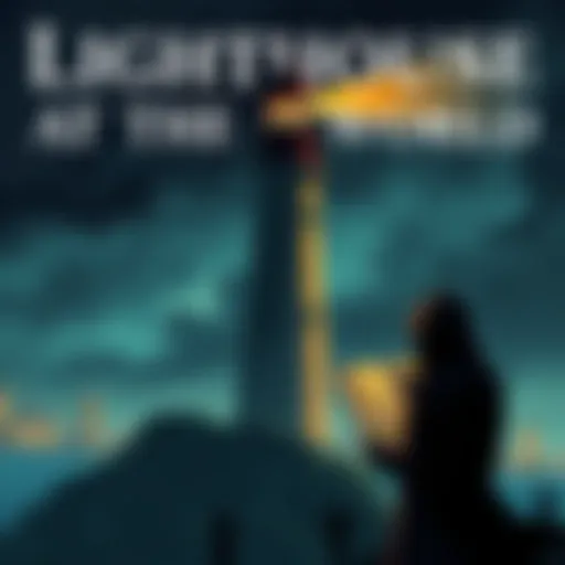 Cover illustration featuring a lighthouse in a dark London setting, with a mysterious figure in the foreground holding a map.