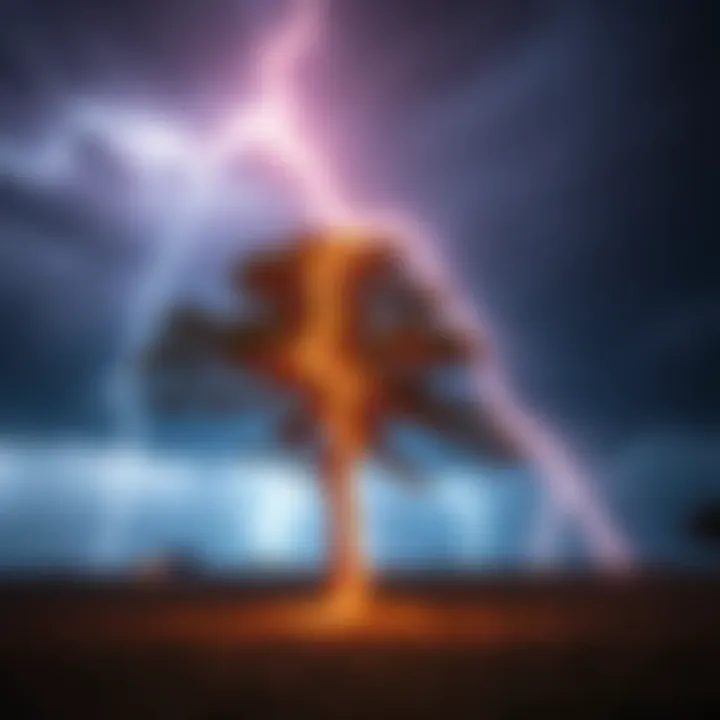 A powerful lightning bolt hitting the same tree multiple times during a storm