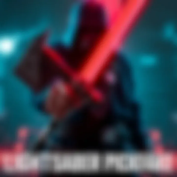 A person holds a lightsaber pickaxe, combining fantasy and practicality, with glowing edges and a traditional pickaxe shape