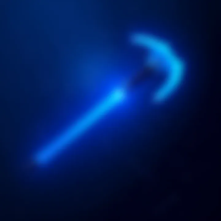 A glowing blue lightsaber pickaxe against a starry background, symbolizing the fusion of Star Wars and gaming, appealing to fans.