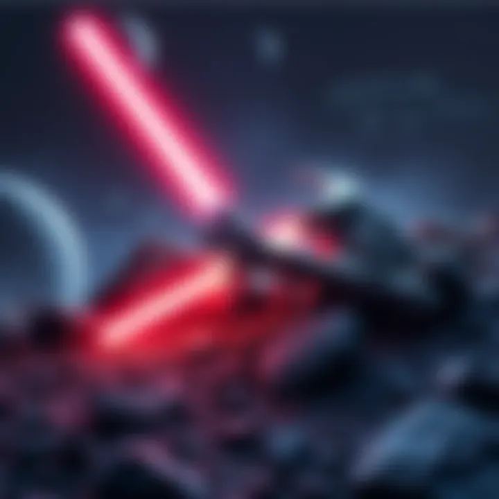 A glowing lightsaber pickaxe resting on a rocky surface, surrounded by Star Wars elements like distant planets and space ships.