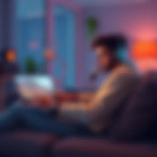 A person sitting comfortably with headphones on, playing a lightweight 2D game on a laptop while listening to a podcast