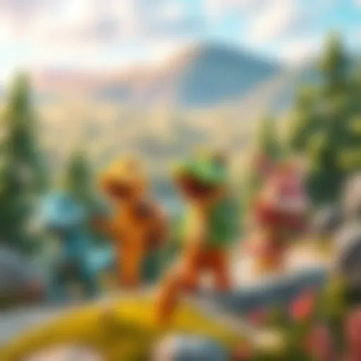 Colorful animal characters exploring a vibrant, cartoon-like world with trees and hills in the background