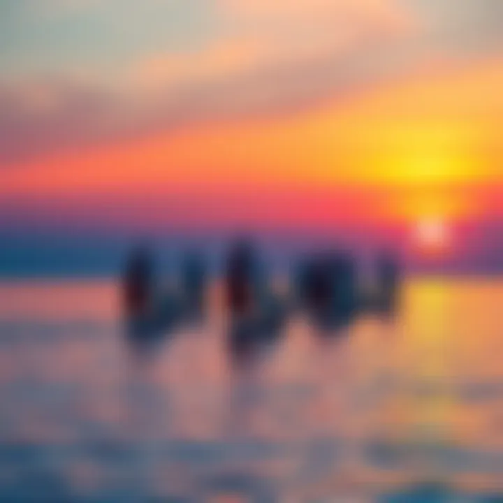 Several lil ships sailing together in a calm sea during sunset