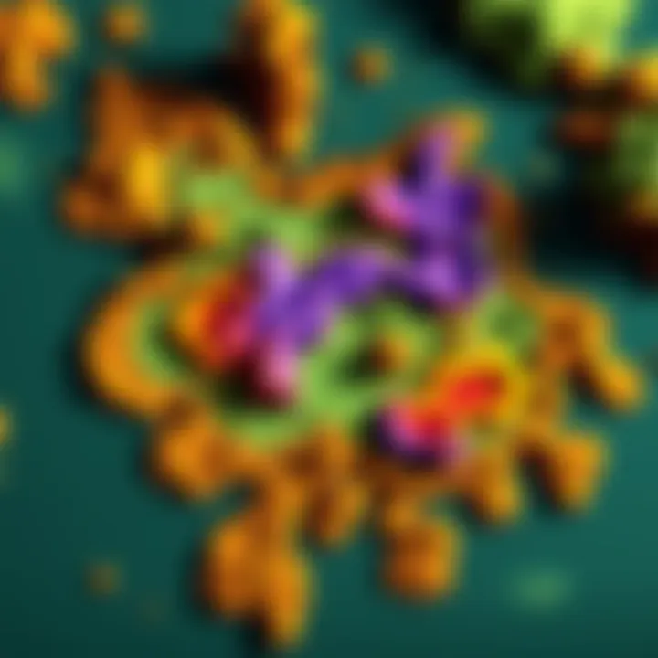 A colorful representation of the Lilies map showing its design and sections, highlighting clear areas and pathways for exploration.