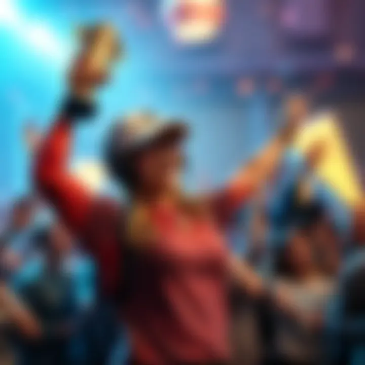 Lily celebrating victory in Call of Duty Gamer Lily celebrates after winning a match against Scump in Call of Duty, holding a trophy and surrounded by cheering fans.