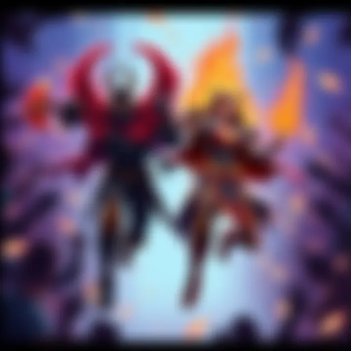 Limbo and Ember Frames in Action An illustration showing two character frames, Limbo and Ember, ready for battle, surrounded by cheering fans in a vibrant setting.