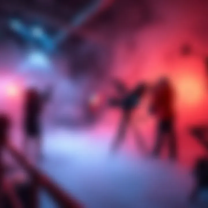 A film crew sets up a scene with soft lighting and fog to create a liminal atmosphere for video shooting.