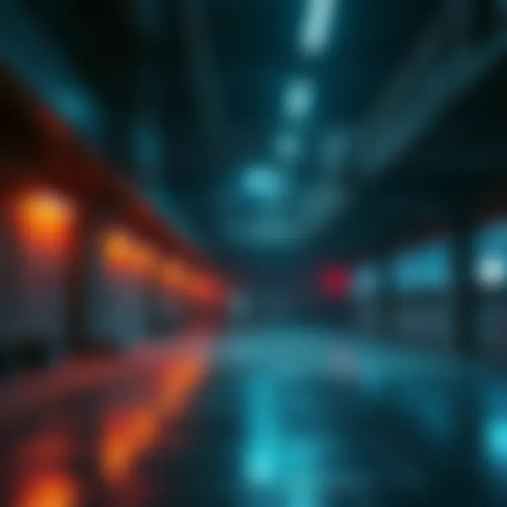 A quiet, empty industrial area with faint lighting and minimalistic design reflecting a calming liminal space vibe.