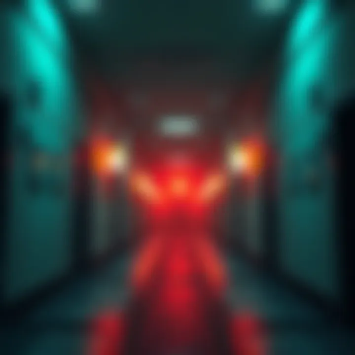 A surreal game environment with empty hallways and dim lighting, creating an eerie atmosphere.