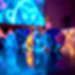 A set of limited Blue Neon Dice including a liquid-core d20, shining and vibrant, on a tabletop with a colorful background