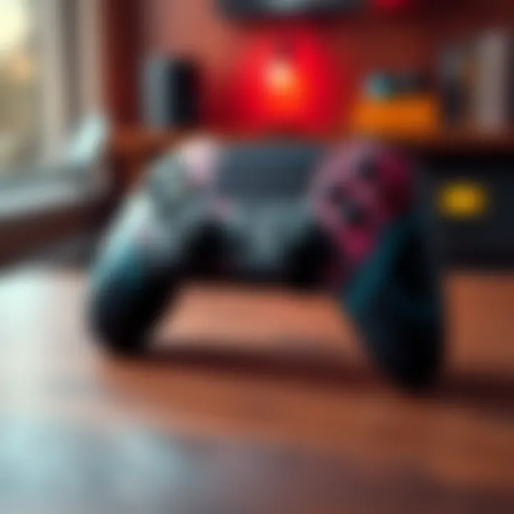 A stylish limited edition gaming controller with unique design features displayed on a wooden surface