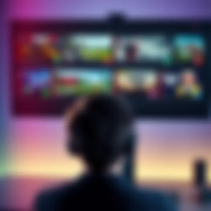 A thoughtful gamer looking at a computer screen displaying various linear game titles, with screenshots of walking simulators and mission-based games visible.