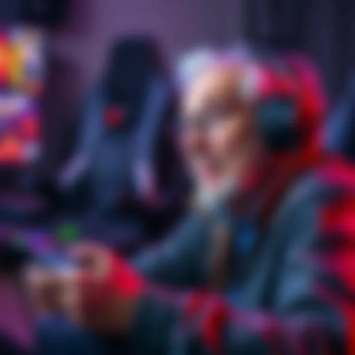 An older gamer enjoying a linear video game with a focused expression, surrounded by gaming elements like a controller and game graphics