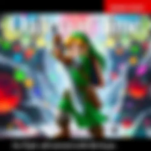 A character dressed in green tunic, holding the Master Sword, standing in a fantasy setting, surrounded by vibrant colors and iconic elements from Ocarina of Time