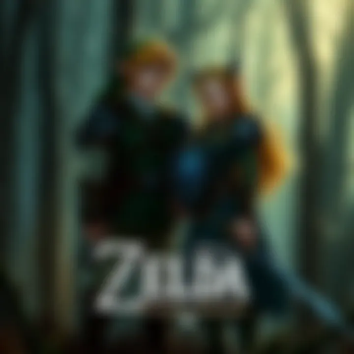 Link and Midna standing together in a dark forest, showcasing the game's fantasy setting and character design.
