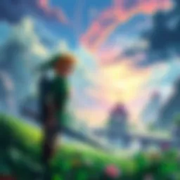 A character resembling a young warrior with pointed ears, dressed in green, holding a sword as he walks through a vibrant fantasy landscape.