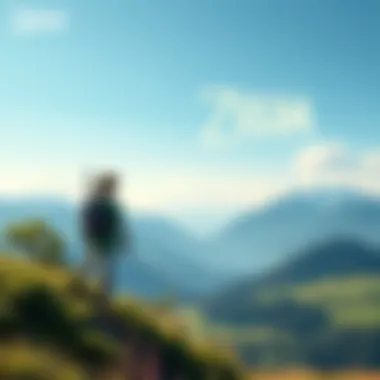 Link standing on a hilltop overlooking the vast Hyrule landscape with a clear sky and mountains in the background, showcasing the beauty of the world in Tears of the Kingdom.