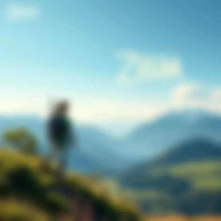 Link standing on a hilltop overlooking the vast Hyrule landscape with a clear sky and mountains in the background, showcasing the beauty of the world in Tears of the Kingdom.
