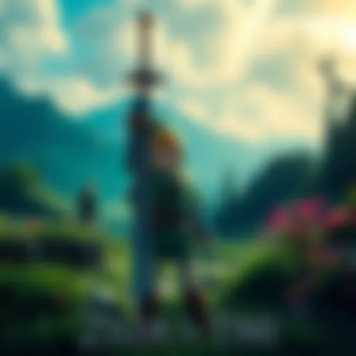 A character resembling Link, dressed in green, stands with the Master Sword raised in a lush, fantasy landscape.