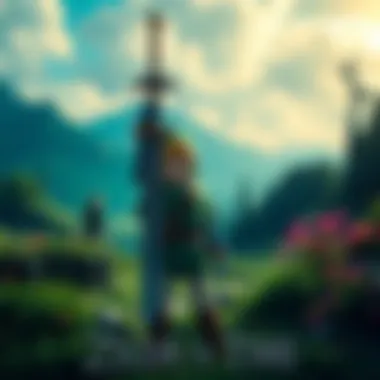 Link holding the Master Sword A character resembling Link, dressed in green, stands with the Master Sword raised in a lush, fantasy landscape.
