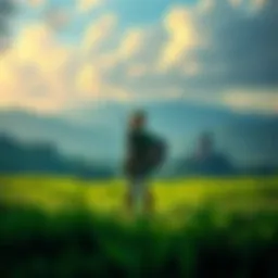 Link, the main character, stands in a lush green field with a sword in hand, looking towards a distant castle in the remake of Ocarina of Time.