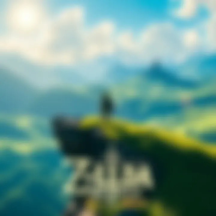 Link exploring the open world of Zelda Link standing on a cliff overlooking a vast, green landscape with mountains and a castle in the distance