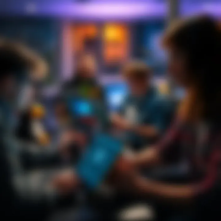 A group of people discussing and using Linux systems on their laptops in a casual setting