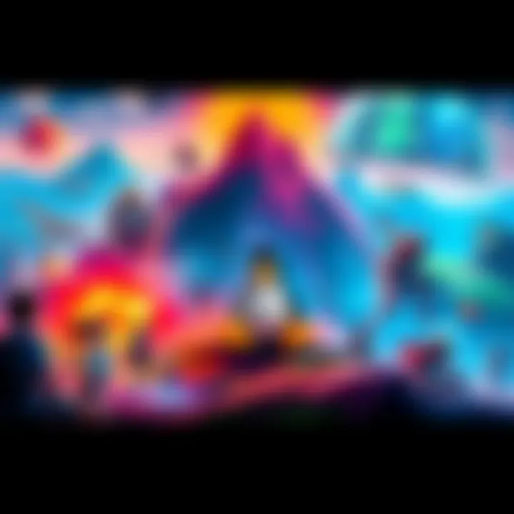 A vibrant scene showcasing various Linux-compatible games with characters and landscapes from popular titles, illustrating the growth of Linux gaming.