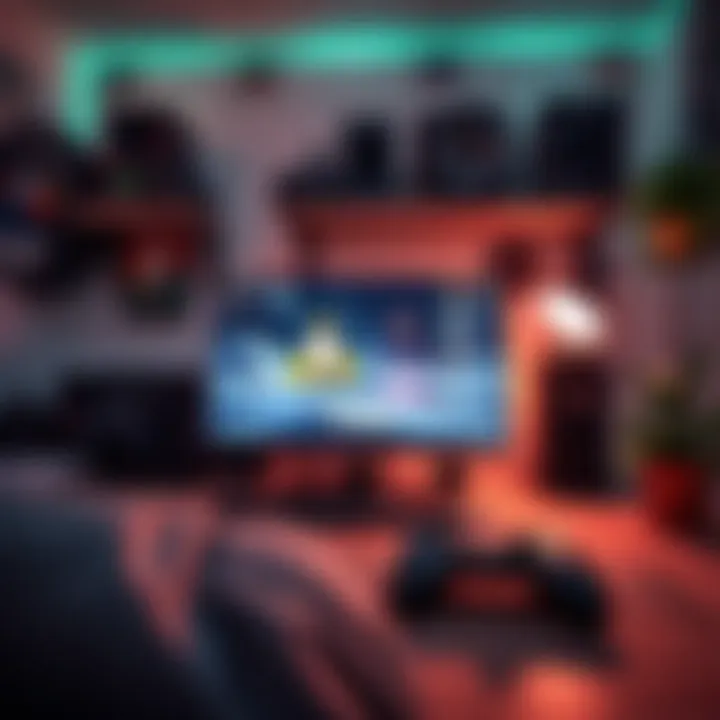 A modern gaming setup featuring a computer running Linux with a game controller, showcasing Linux gaming in a cozy room.