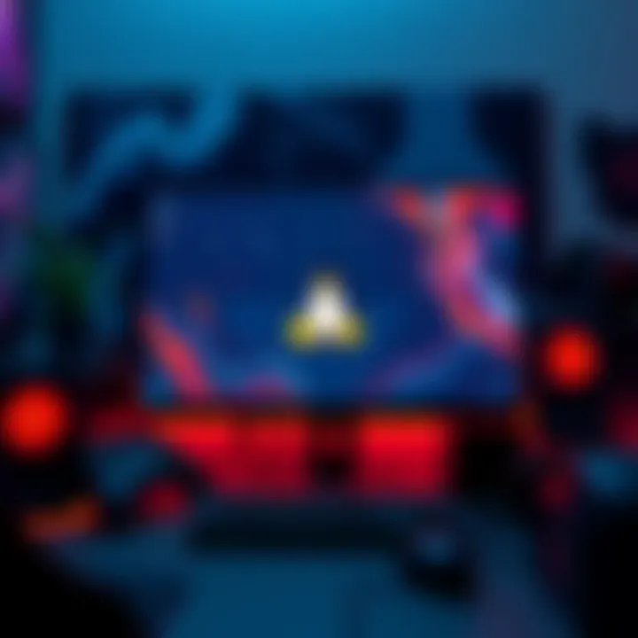 Linux Gaming Setup A gaming setup featuring a Linux operating system on a PC screen with gaming accessories around.