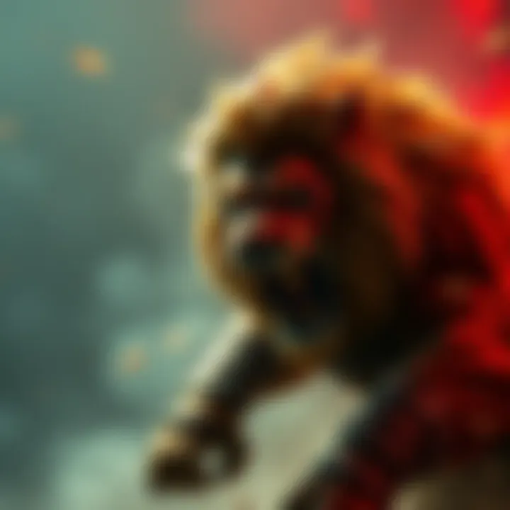 A fierce lion character preparing to attack, with a powerful stance, representing danger in a gaming context.