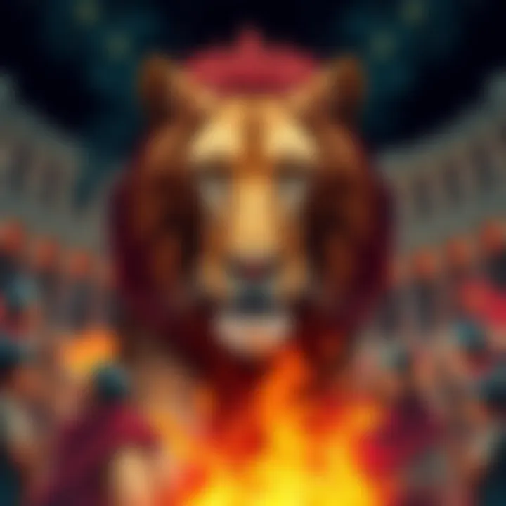 Artistic representation of a lioness symbolizing strength and power, with a background hinting at ancient colosseum battles.