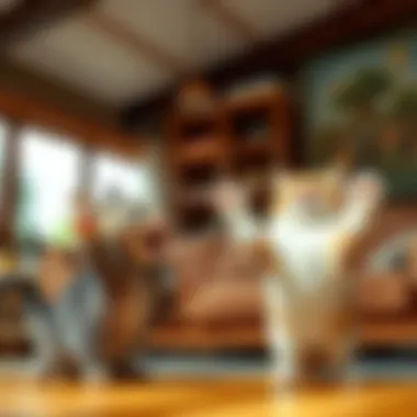 A playful scene showing Lip, a person with a playful expression, and a clever cat with its paw raised, both in a humorous standoff inside a cozy living room.