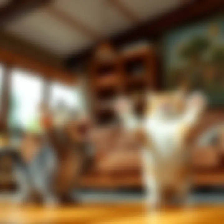 A playful scene showing Lip, a person with a playful expression, and a clever cat with its paw raised, both in a humorous standoff inside a cozy living room.