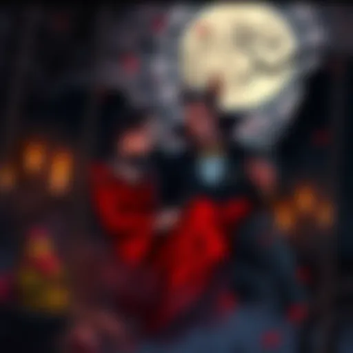 Lisa and Dracula lovingly watch their son Alucard play in a dark, whimsical setting