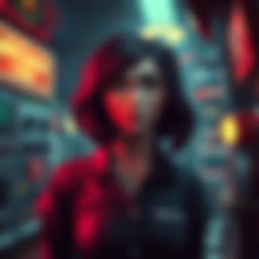 Character Lisa Garland standing in a retro game setting with a mysterious expression, surrounded by classic game elements.